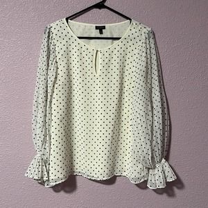 Talbots Semi-Sheer Balloon Sleeve Ruffle Cuff White Black Polka Dot Blouse M
